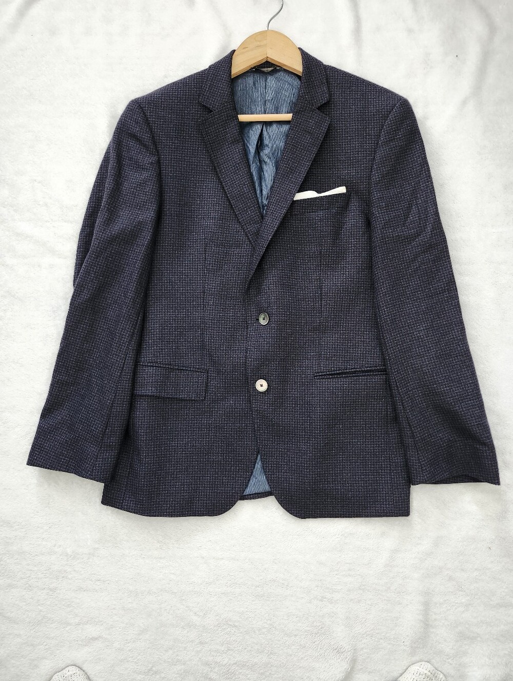 HUGO BOSS Super 100 Wool Blazer Mens 40S Dark Blue Micro Check | Quiet Luxury